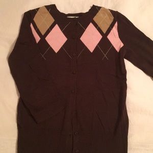 Women's Brown Argyle Cardigan Sweater; Size S